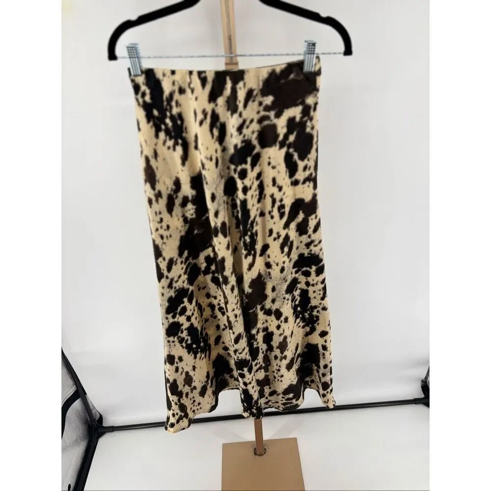 JASON WU Satin Cowhide Print Midi Skirt Elastic Waist Pull On A-Line XS